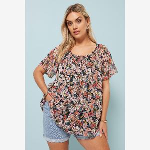 Yours Blouse Plissée Noire  Beige Floral Manches Courtes  Womens Curve  Plus Size Yours