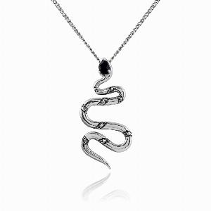 Art Deco Style Pear Black Spinel  Marcasite Snake Necklace in 925 Sterling Silver