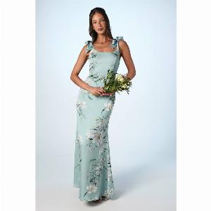 Printed Satin Tie Shoulder Bridesmaids Dress  Sage