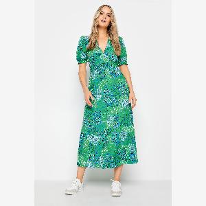 Lts Tall Womens Green Ditsy Floral Print Button Through Midaxi Dress Size 10