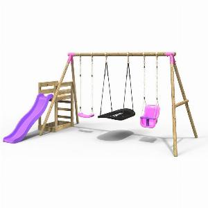 Wooden Triple Swing Set with Baby Seat Boat Swing and Slide  Halley Pink