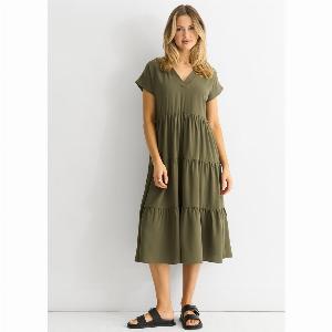 Khaki V Neck Pocket Smock Midi Dress