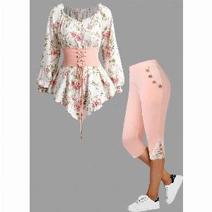 Floral Appliqué OffShoulder Corset Top with Lace Capri Leggings