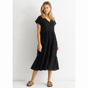 Black V Neck Pocket Smock Midi Dress