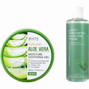 Jigott  Moisture Real Aloe Vera Toner  300ml 1ea  Natural Aloe Vera Moisture Soothing Gel  300ml 1ea Set