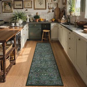 Giverny Washable Maximalism Vintage French Floral Dark Green Rug  2 x 6
