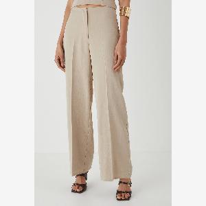 MISSPAP Womens Linen Look High Waist Wide Leg Trousers in Stone  Size 16