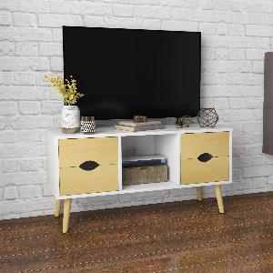 HOMCOM Meuble TV jusquà 40 pouces pieds en bois massif 4 tiroirs 1 niche centrale 90 x 30 x 46 cm naturel blanc