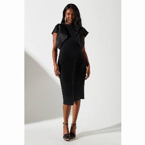 Satin Ruffle Sleeve Midi Dress  Black