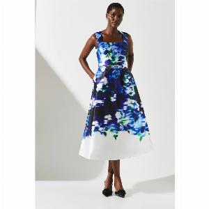 Floral White Tipped Twill Belted Dress  Blue
