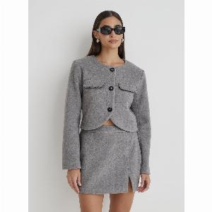 Grey Wool Contrast Pocket Cropped Jacket Mable