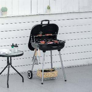 Outsunny Barbecue à charbon BBQ avec 2 roues ustensiles couvercle et étagère dim 56L x 62l x 82H cm  métal émaillé noir
