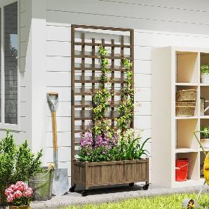 Wooden Trellis Planter Raised Garden Bed with Wheels to Climb and Grow Vegetables Herbs and Flowers Brown