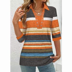 ROTITA Eyelet Striped Orange Shirt Collar 34 Sleeve Blouse