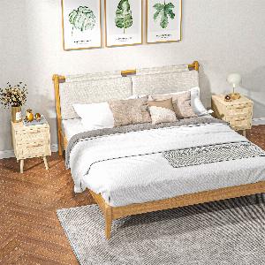 HOMCOM 2er Set Nachttisch Nachtschrank mit Schublade Nachtkommode mit Griff Rattanoptik Beistelltisch für Schlafzimmer Wohnzimmer Natur 40 x 40 x 56 cm   Aosom