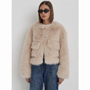 Get 6 Discount on Reyshas Cropped Beige Faux Fur Jacket