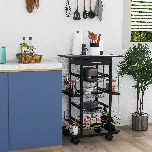 HOMCOM Desserte Chariot de Cuisine Étagère de Rangement Mobile Plateau en Carreau de Céramique 4 Ranges Condiments Latérals 57 x 37 x 83 cm Noir