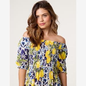 Lemon Print Milkmaid Dress  SM  NAVY