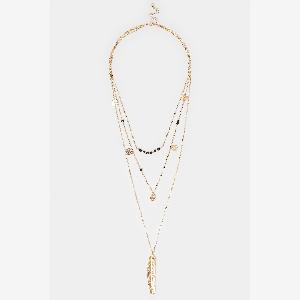 Collier Long Triple Couche En Or Avec Feuilles
