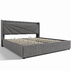 Lit Double avec Rangement et Fonction de Recharge USB Type C Structure en Lin Sans Matelas 180x200 cmGris