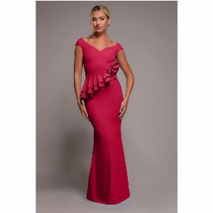 Scuba Crepe Rose Frill Maxi Dress  Magenta by Goddiva