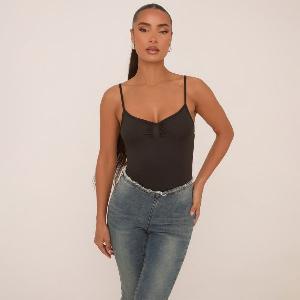 Ruched Bust Detail Strappy Bodysuit In Black Womens Size UK Large L