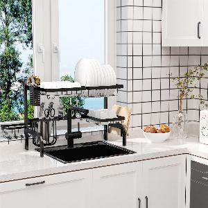 HOMCOM Égouttoir à vaisselle audessus de lévier séchoir à vaiselle 2 niveaux modulables en acier 93 x 30 x 52 cm noir