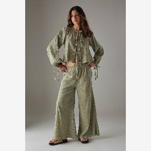 Warehouse Womens Cheesecloth Tie Front Boho Blouse in Khaki  Size 14