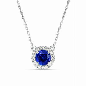 Dainty Lab Created Dynasty Halo Diamond Necklace  10K White Gold 120 ct tw Diamond  4mm Round Sapphire