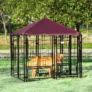 PawHut Outdoor Dog Kennel with Rotating Bowl Holders Water and UVResistant Cover for Medium  Small Dogs Red
