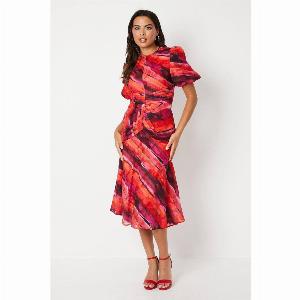 Printed Puff Sleeve Midi Wedding Guest Dress  Pink