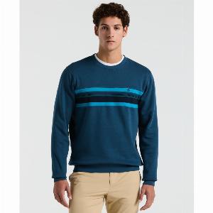 Fleece Chest Stripe Crew Neck Sweater In Blue Wing Teal