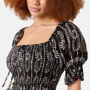 Chilli Charm Shirred Square Neck Midi Dress Size SM  Black