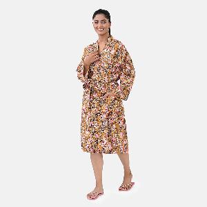 Sukriti 100 Cotton Floral  Leaf Print Waffle Bath Robe with Pockets One Size  Brown with Pink  Grey