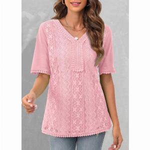ROTITA Lace Pink V Neck Short Sleeve Blouse