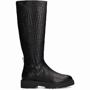 Schwarze Lederstiefel mit Krokomuster