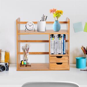 Homcom Organisateur de Bureau en Bambou Organisateur Multimédia de Bureau MultiRangements 2 Tiroirs 3 Etagères Bois de Bambou Naturel 48x20x46cm