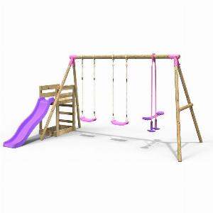 Wooden Triple Swing Set with Glider and Slide  Neptune Pink