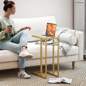 HOMCOM CShaped Bedside Table Modern Side Table with Tempered Glass Tabletop Steel Frame for Small Space Living Room Bedroom Gold Tone