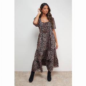 Printed Square Neck Scallop edge Puff Sleeve Midi Dressanimal