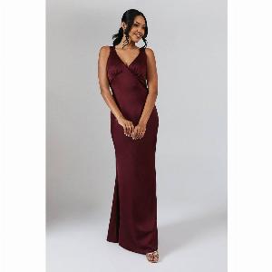 V Neck Bow Detail Satin Bridesmaid Dress  Malbec