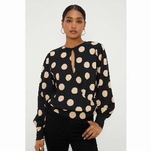 Womens Spot Key Hole Wrap Long Sleeve Top  Mono  M