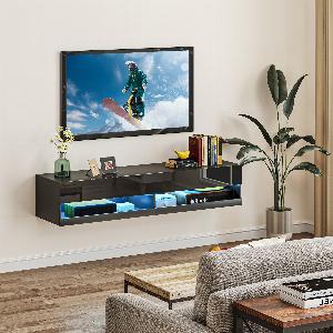 HOMCOM Floating TV Unit Wall Mounted TV Cabinet High Gloss Media Wall Unit with LED Lights Storages Shelves for Entertainment Black   Aosom UK