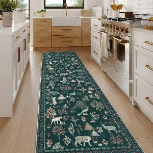 Cora Washable Modern Vibrant Jungle Animals Green Rug  25 x 10