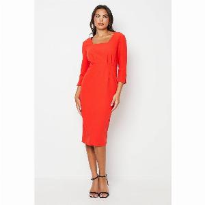 Drape Detail Square Neck Column Dress  Red