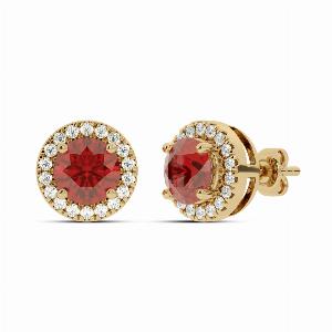 Dainty Lab Grown Diamond Dynasty Halo Earrings  10K Yellow Gold 16 cttw Diamond  4mm Round Ruby