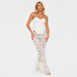 Mid Rise Fishtail Maxi Skirt In White Crochet Lace Womens Size UK 14