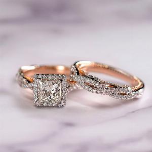 Bague de fiançailles en zircone scintillante trio en or rose pour femmes