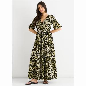 Green Animal Print Wrap Skater Maxi Dress