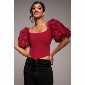 Get 13 Off Burgundy Goddiva 3D Textured Sleeve Scuba Corset Top